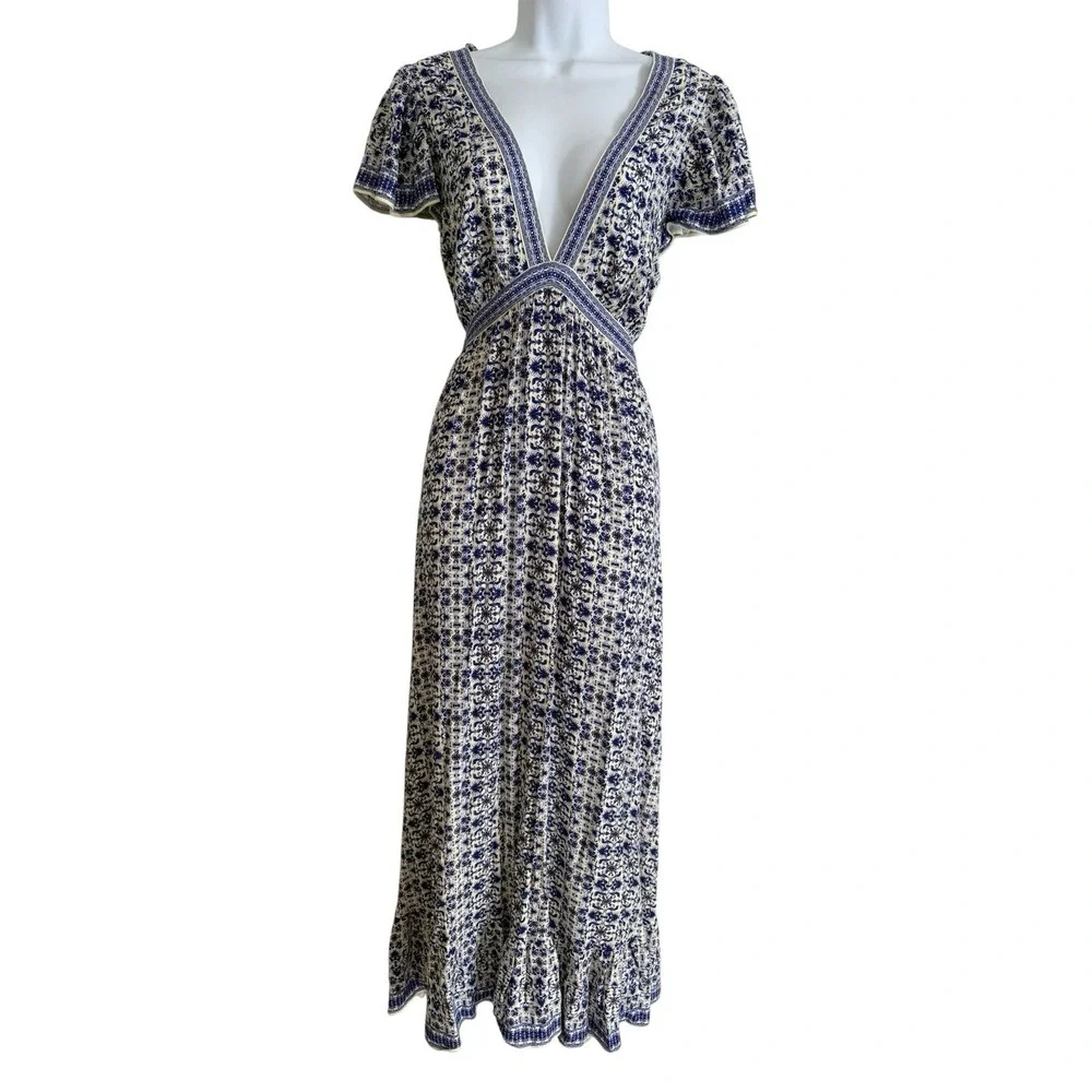 Boho Maxi Dress L Blue White Floral Deep V Empire Waist Cottagecore Vacation - Picture 2 of 10